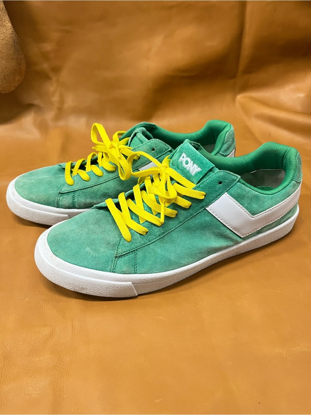 Men’s Pony Green Suede Low-Top Sneakers 12.5 with Yellow Laces